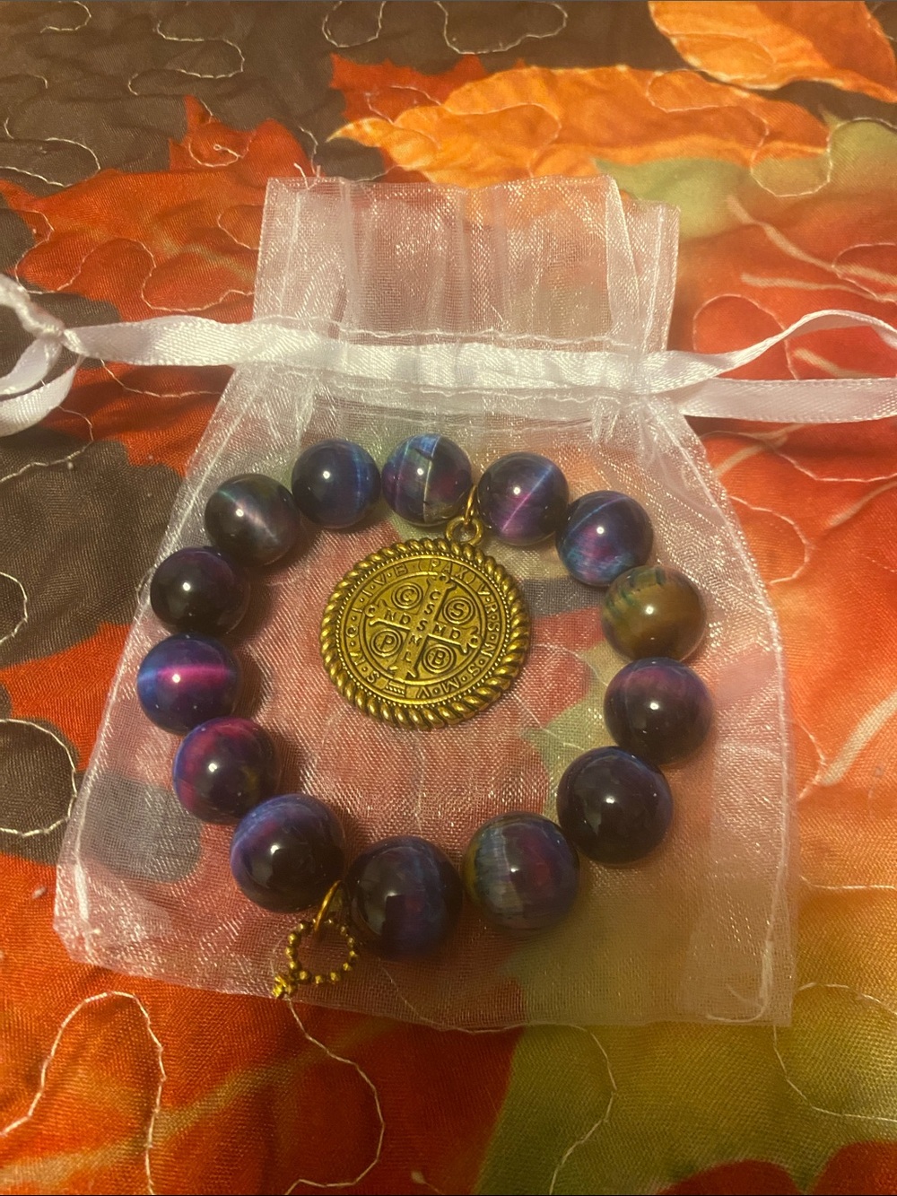Gold Medallion Purple Beaded Stretch Bracelet